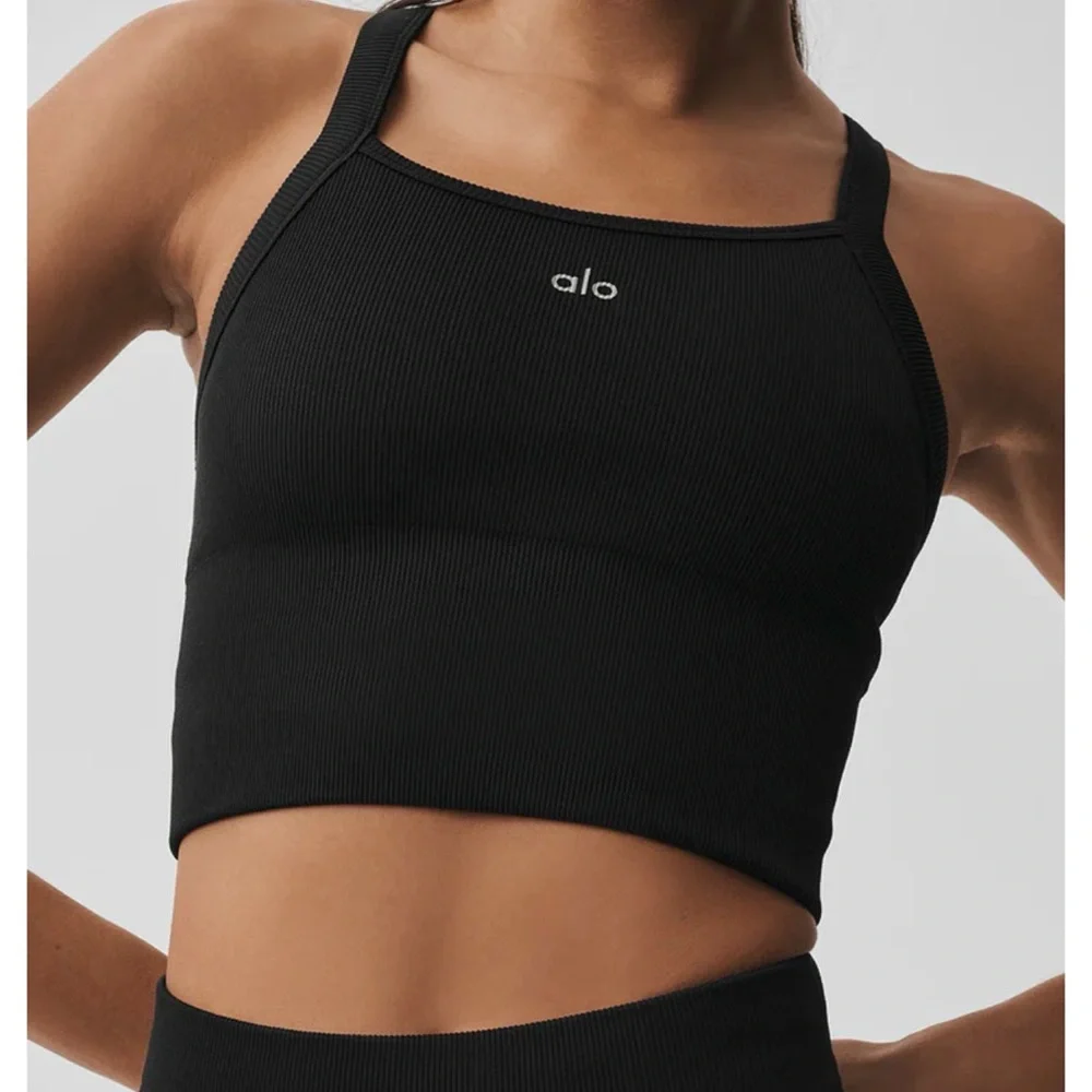Alo Seamless Ribbed Favorite Bra Tank Black Size Medium - Picture 3 of 8